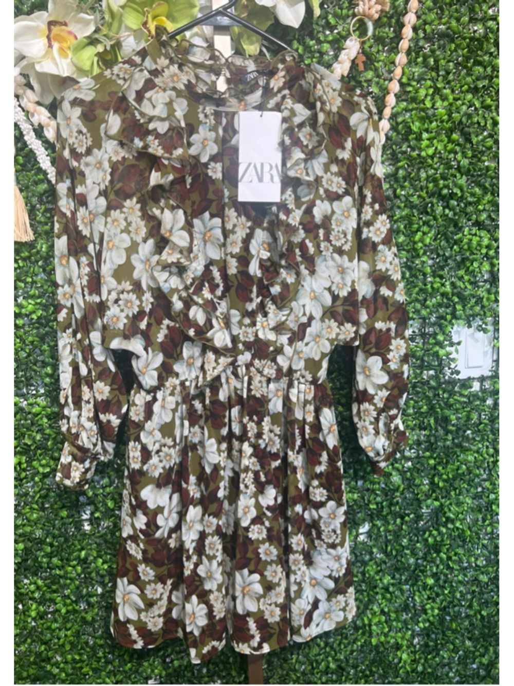 ZARA Floral Ruffle Mini Romper XS Brown White summer Bloggers Favorite Oversize - Picture 8 of 16